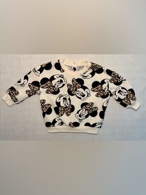 Disney Minnie Mouse Leopard Bow Baby Sweatshirt 6M Cream Pullover Cute Cozy